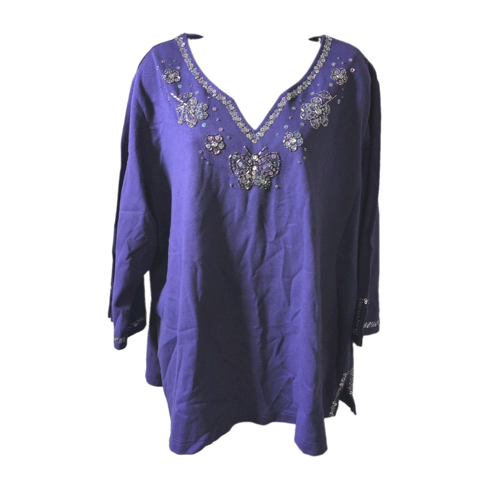 Quacker Factory NWT 2X Purple V-Neck Top Sequin Butterfly Floral Tunic